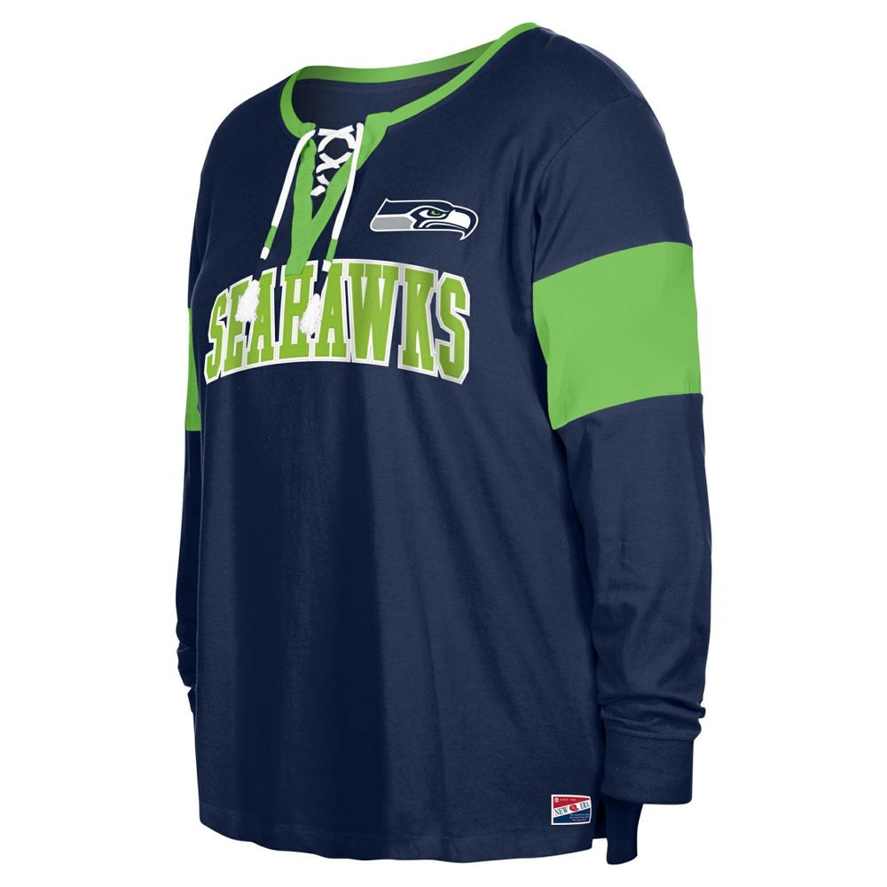 Seattle Seahawks New Era Women's Plus Size Lace-Up Notch Neck Long Sleeve T-Shirt  College Navy | NFL