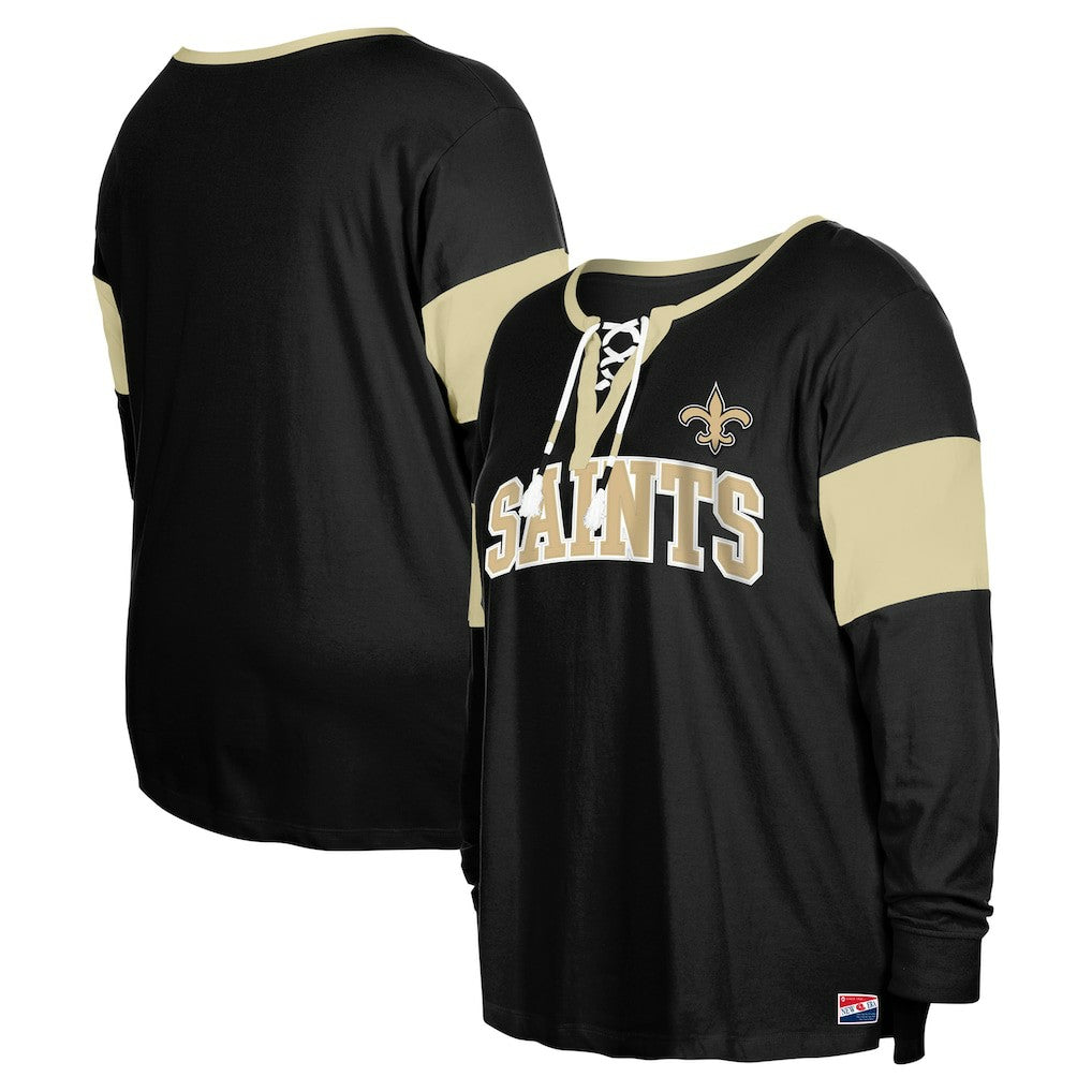 New Orleans Saints New Era Women's Plus Size Lace-Up Notch Neck Long Sleeve T-Shirt  Black | NFL