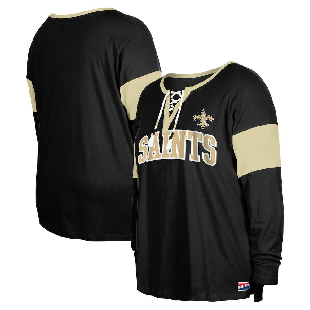 New Orleans Saints New Era Women's Plus Size Lace-Up Notch Neck Long Sleeve T-Shirt  Black | NFL