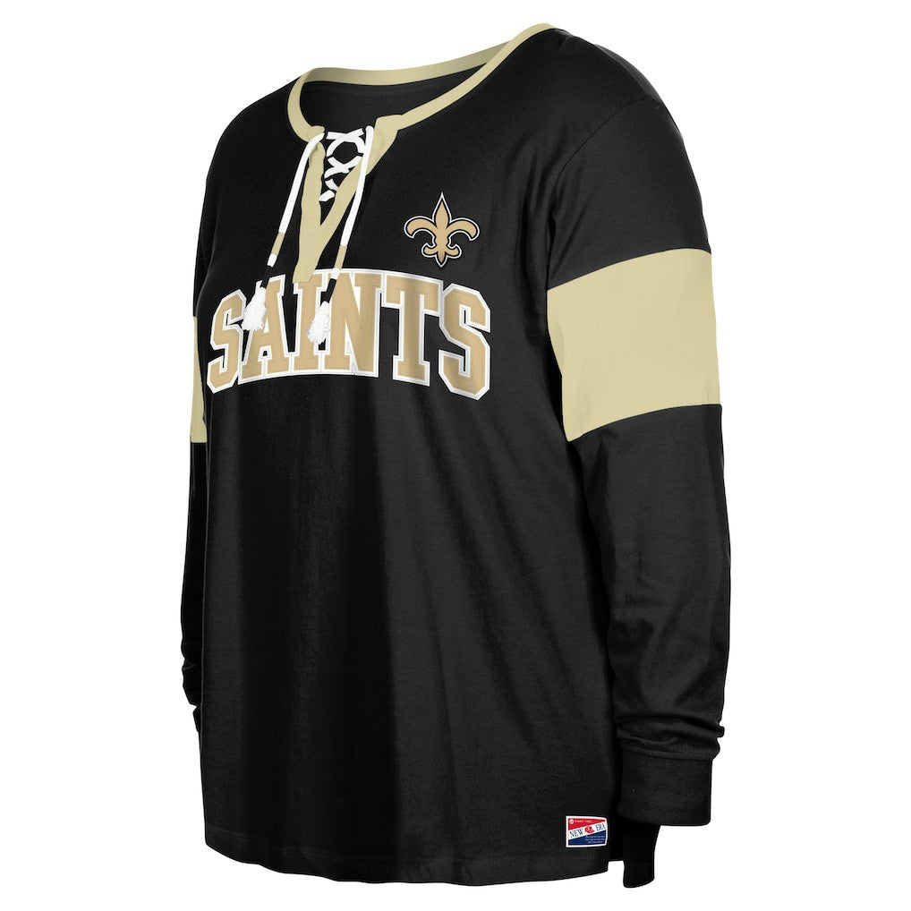 New Orleans Saints New Era Women's Plus Size Lace-Up Notch Neck Long Sleeve T-Shirt  Black | NFL