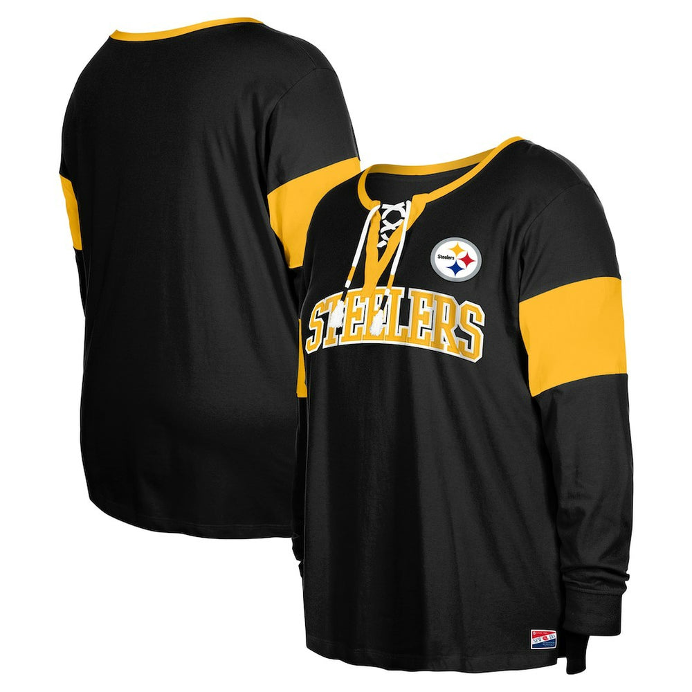 Pittsburgh Steelers New Era Women's Plus Size Lace-Up Notch Neck Long Sleeve T-Shirt  Black | NFL