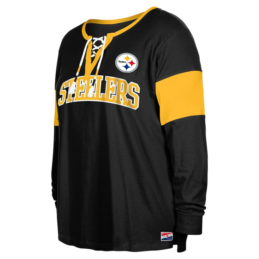 Pittsburgh Steelers New Era Women's Plus Size Lace-Up Notch Neck Long Sleeve T-Shirt  Black | NFL