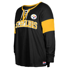 Pittsburgh Steelers New Era Women's Plus Size Lace-Up Notch Neck Long Sleeve T-Shirt  Black | NFL