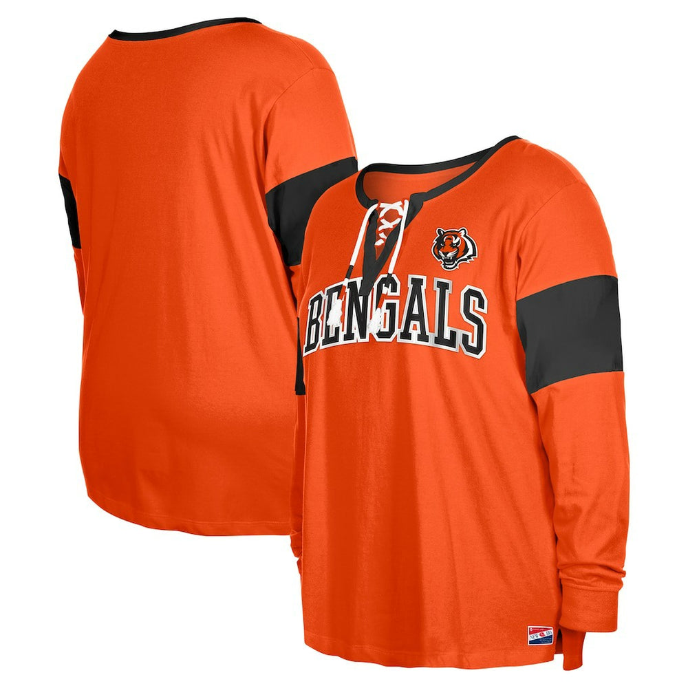 Cincinnati Bengals New Era Women's Plus Size Lace-Up Notch Neck Long Sleeve T-Shirt  Orange | NFL