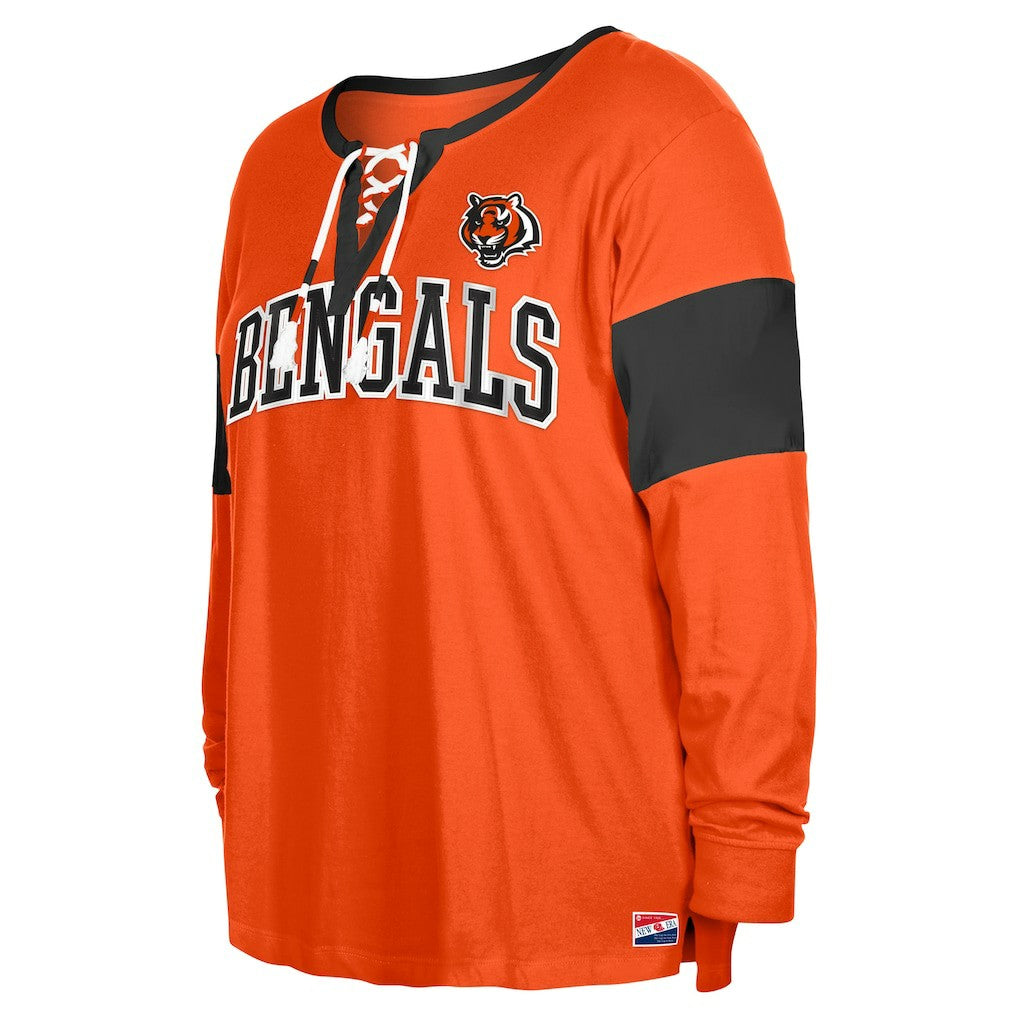 Cincinnati Bengals New Era Women's Plus Size Lace-Up Notch Neck Long Sleeve T-Shirt  Orange | NFL
