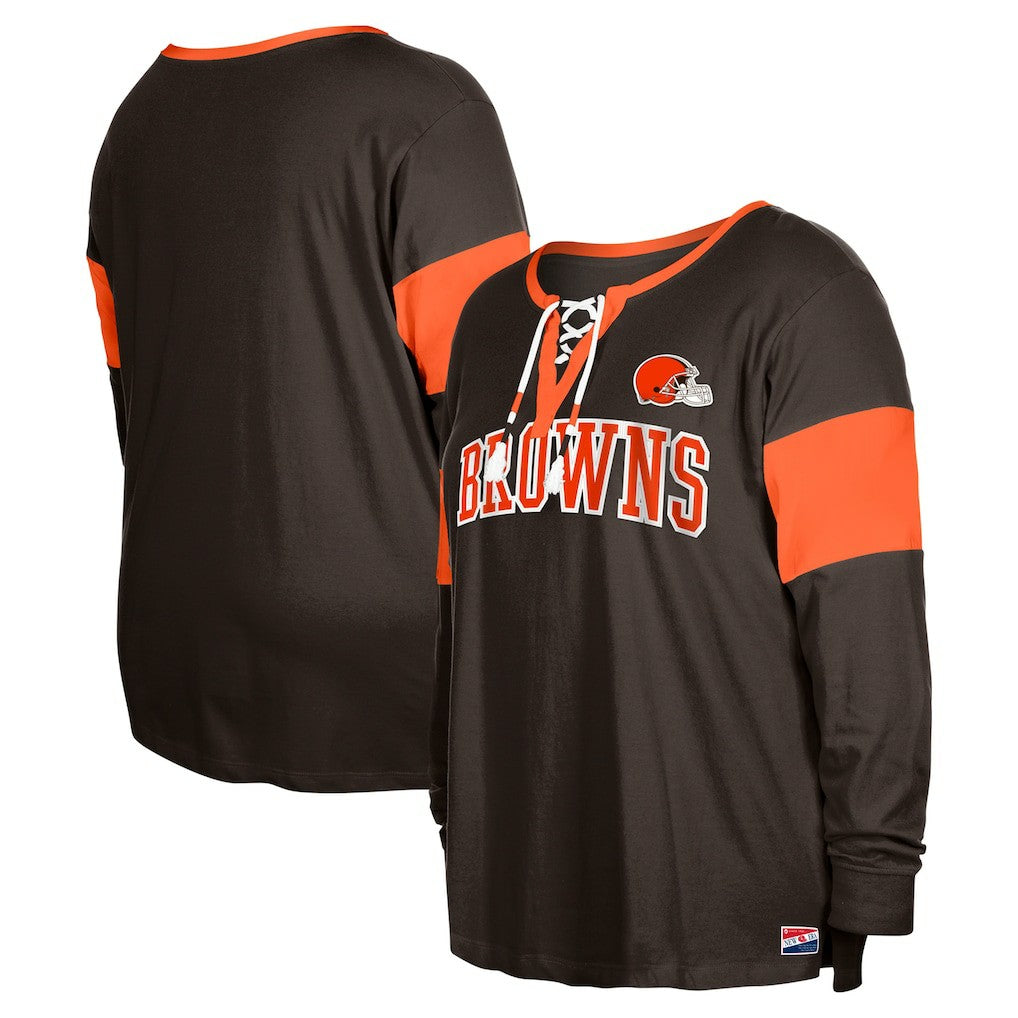 Cleveland Browns New Era Women's Plus Size Lace-Up Notch Neck Long Sleeve T-Shirt  Brown | NFL