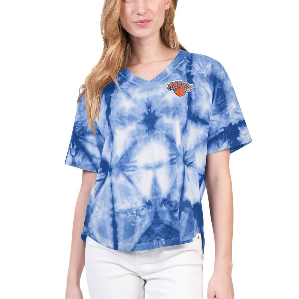 New York Knicks G-III 4Her by Carl Banks Women's Tournament Raglan Oversized Tie-Dye V-Neck T-Shirt Blue - NBA