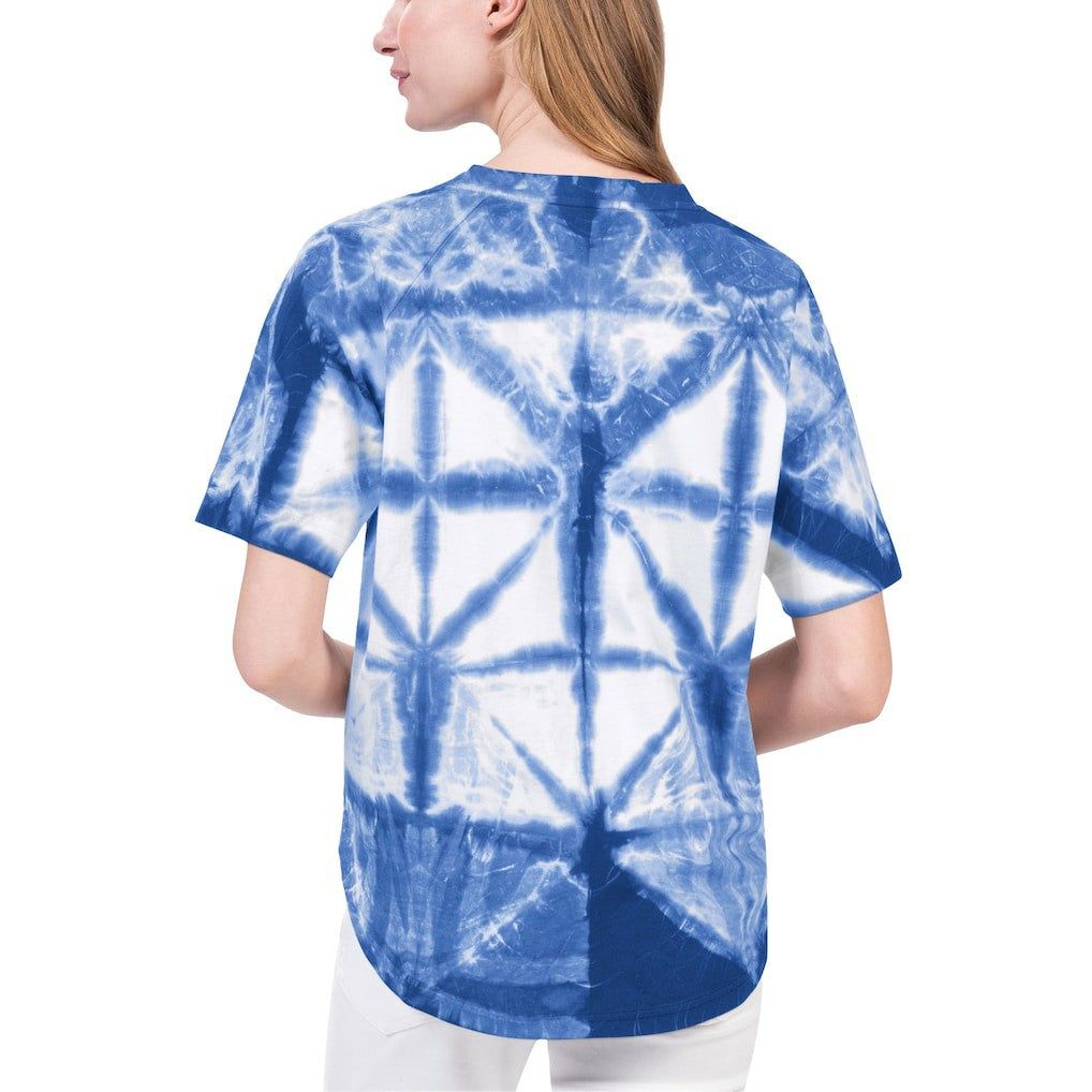 New York Knicks G-III 4Her by Carl Banks Women's Tournament Raglan Oversized Tie-Dye V-Neck T-Shirt Blue - NBA