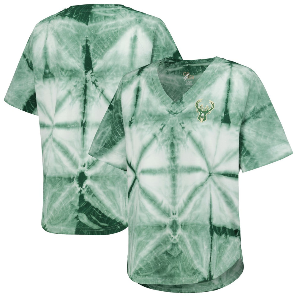 Milwaukee Bucks G-III 4Her by Carl Banks Women's Tournament Raglan Oversized Tie-Dye V-Neck T-Shirt Hunter Green - NBA