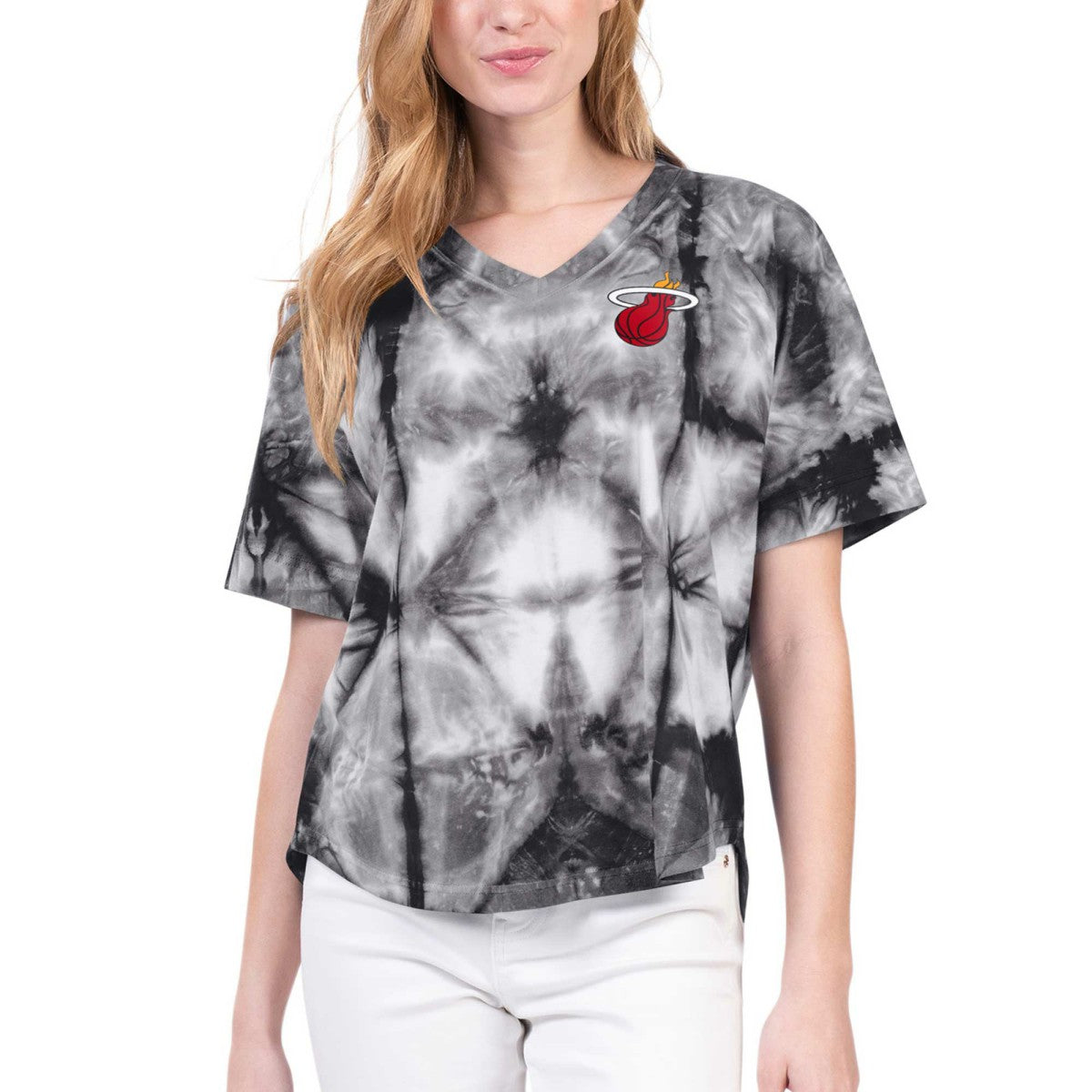 Miami Heat G-III 4Her by Carl Banks Women's Tournament Raglan Oversized Tie-Dye V-Neck T-Shirt Black - NBA