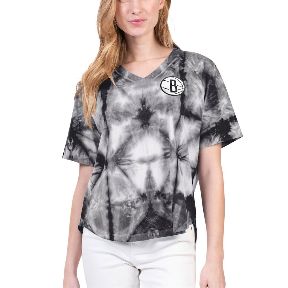 Brooklyn Nets G-III 4Her by Carl Banks Women's Tournament Raglan Oversized Tie-Dye V-Neck T-Shirt Black - NBA