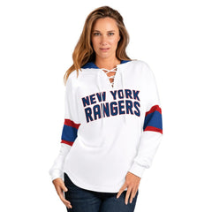 New York Rangers G-III 4Her by Carl Banks Women's Goal Zone Long Sleeve Lace-Up Hoodie T-Shirt - White/Blue - NHL