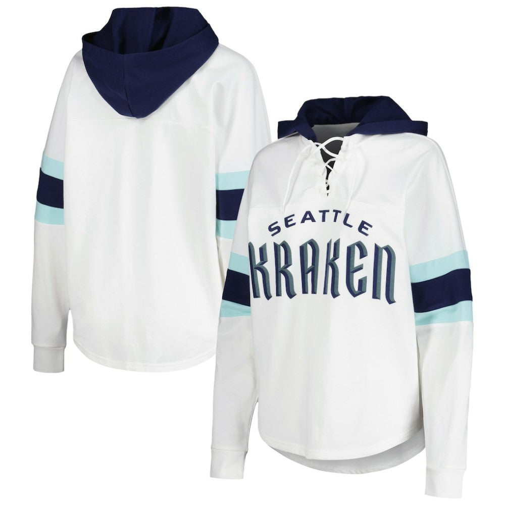 Seattle Kraken G-III 4Her by Carl Banks Women's Goal Zone Long Sleeve Lace-Up Hoodie T-Shirt - White/Deep Sea Blue - NHL