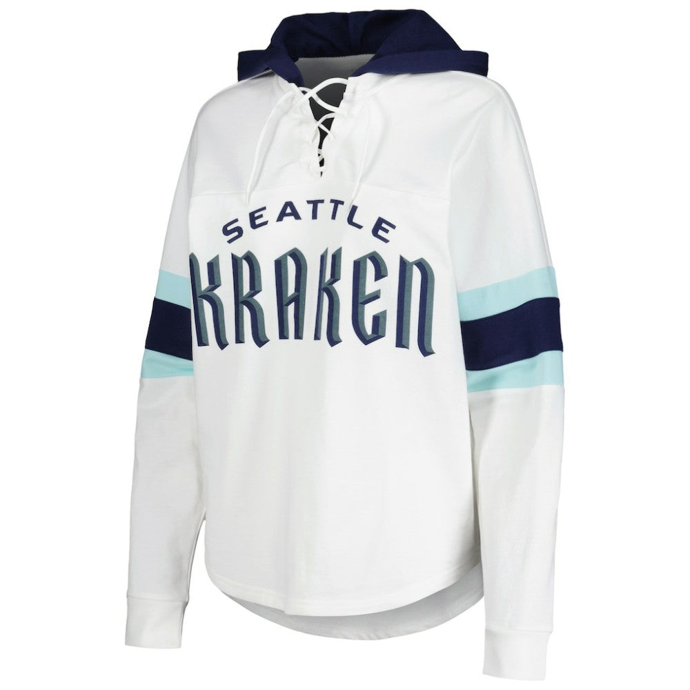 Seattle Kraken G-III 4Her by Carl Banks Women's Goal Zone Long Sleeve Lace-Up Hoodie T-Shirt - White/Deep Sea Blue - NHL