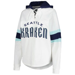Seattle Kraken G-III 4Her by Carl Banks Women's Goal Zone Long Sleeve Lace-Up Hoodie T-Shirt - White/Deep Sea Blue - NHL