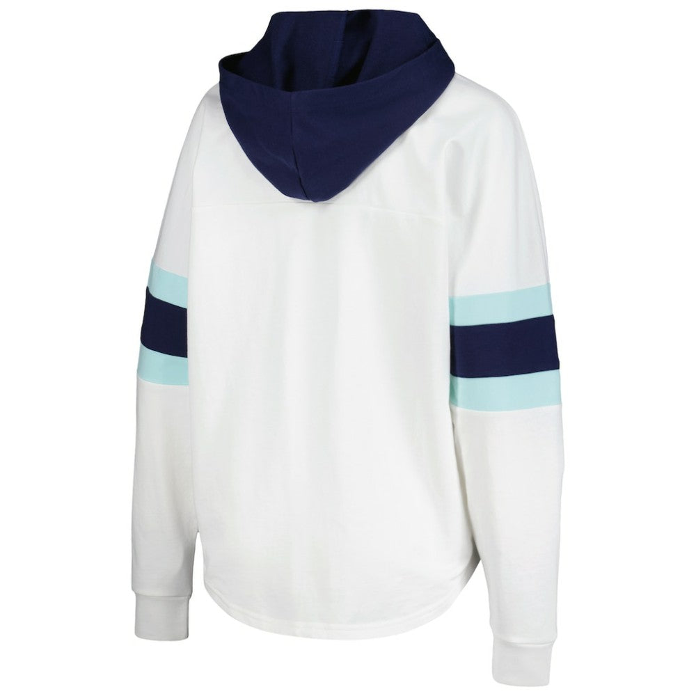 Seattle Kraken G-III 4Her by Carl Banks Women's Goal Zone Long Sleeve Lace-Up Hoodie T-Shirt - White/Deep Sea Blue - NHL