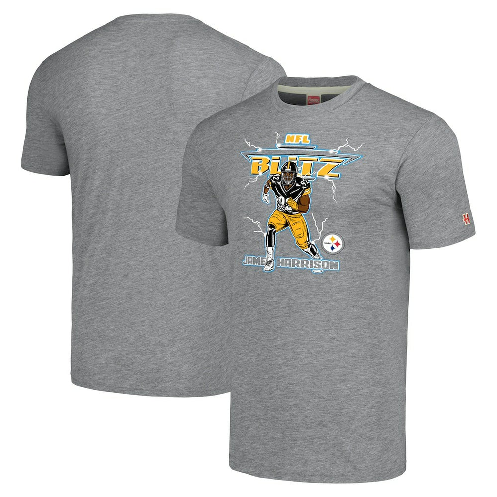 James Harrison Pittsburgh Steelers Homage Unisex NFL Blitz Retired Player Tri-Blend T-Shirt Heathered Heather Gray | NFL