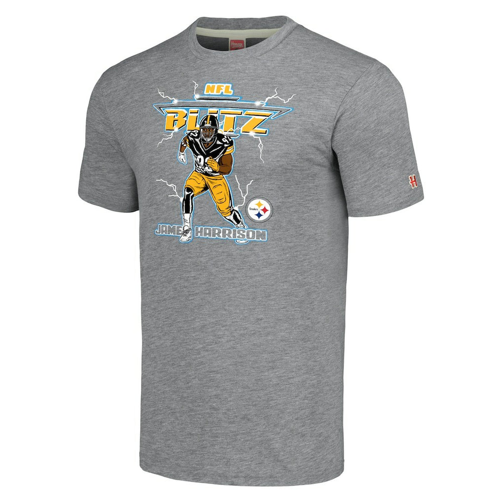 James Harrison Pittsburgh Steelers Homage Unisex NFL Blitz Retired Player Tri-Blend T-Shirt Heathered Heather Gray | NFL