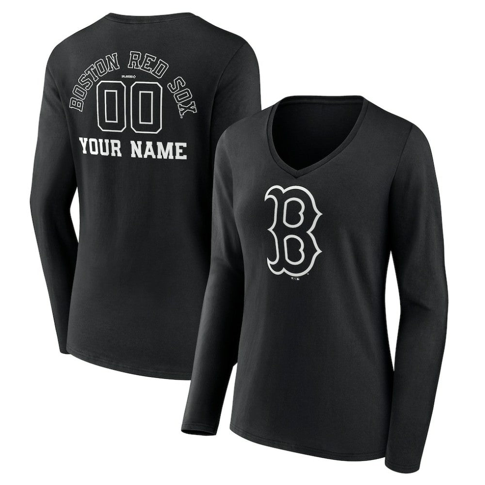 Boston Red Sox Women's Monochrome Personalized Name & Number Long Sleeve V-Neck T-Shirt - MLB