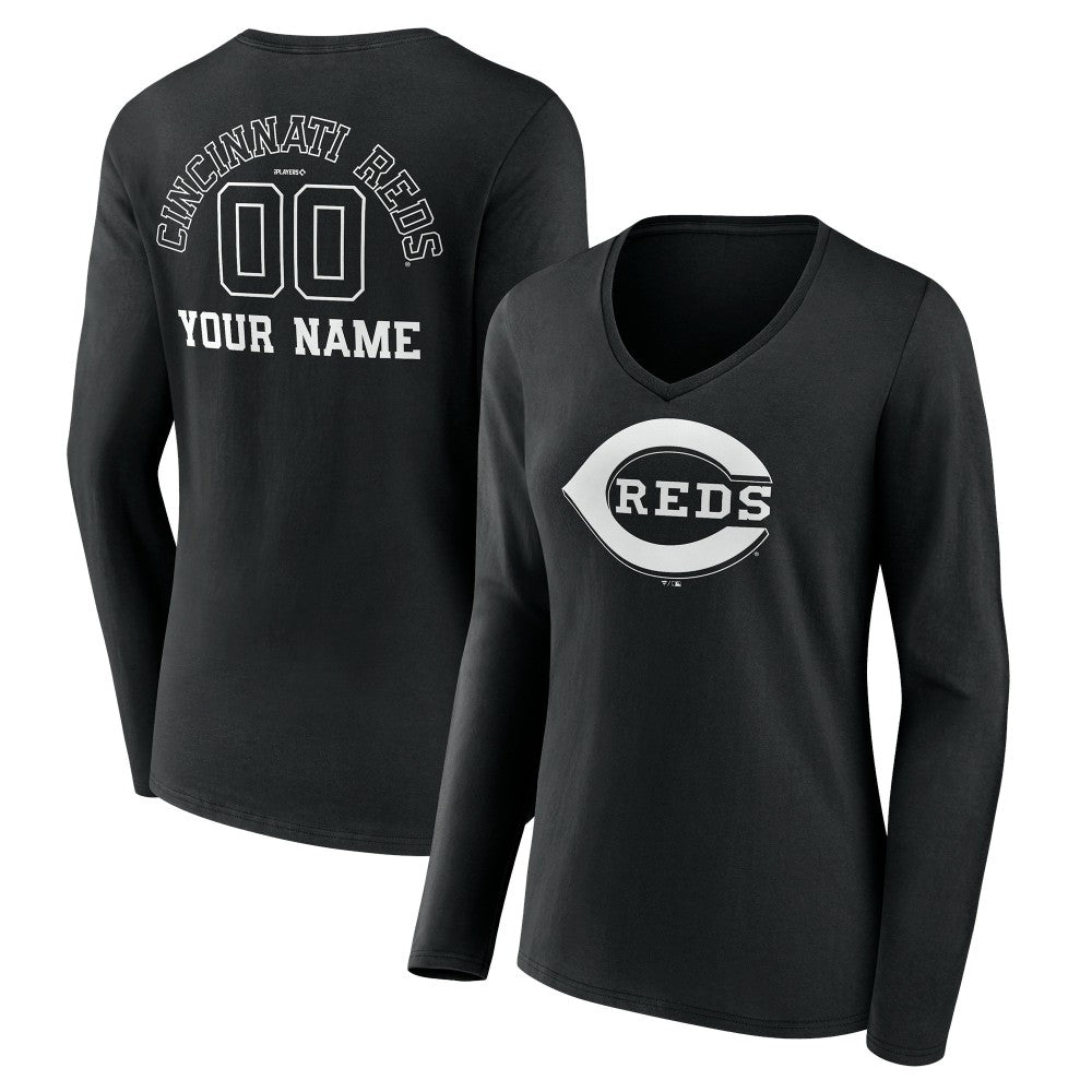 Cincinnati Reds Women's Monochrome Personalized Name & Number Long Sleeve V-Neck T-Shirt - MLB