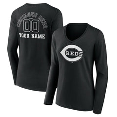 Cincinnati Reds Women's Monochrome Personalized Name & Number Long Sleeve V-Neck T-Shirt - MLB
