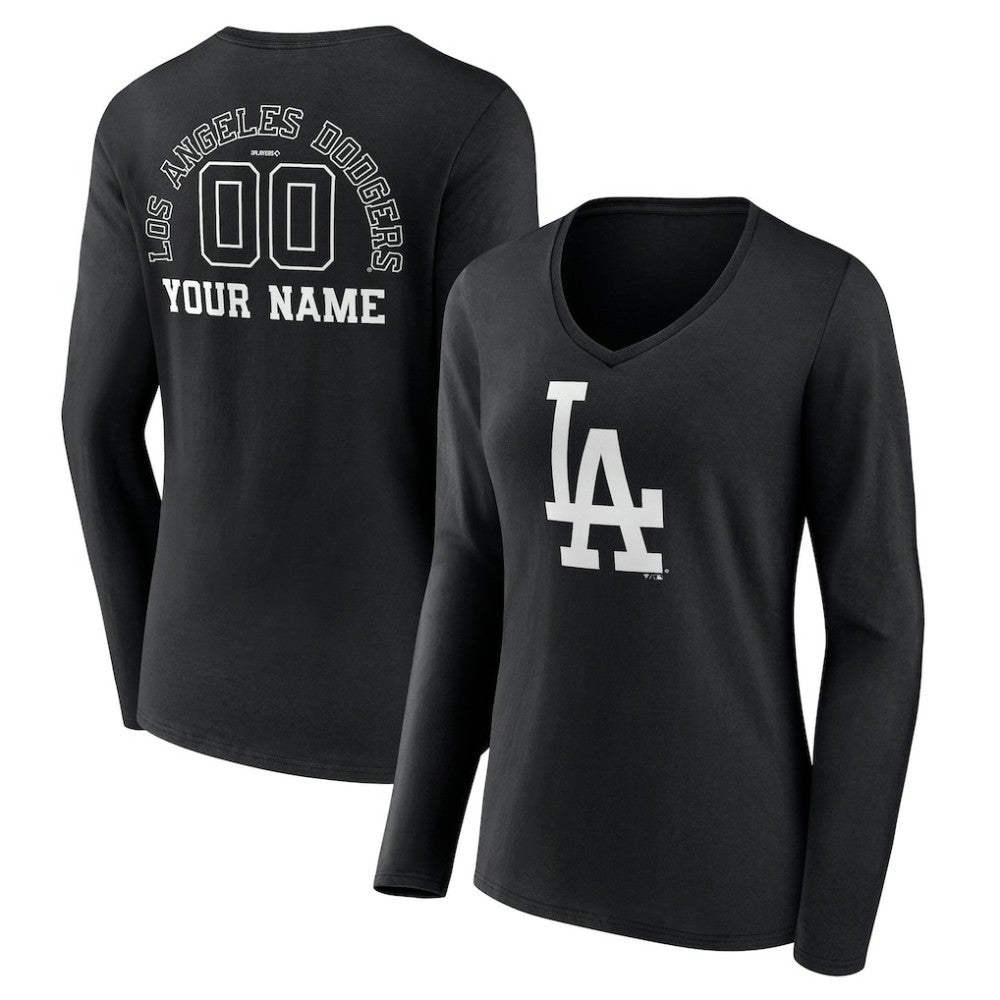 Los Angeles Dodgers Women's Monochrome Personalized Name & Number Long Sleeve V-Neck T-Shirt - MLB
