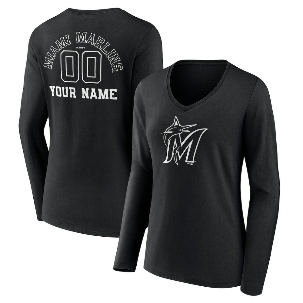 Miami Marlins Women's Monochrome Personalized Name & Number Long Sleeve V-Neck T-Shirt - MLB