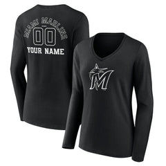 Miami Marlins Women's Monochrome Personalized Name & Number Long Sleeve V-Neck T-Shirt - MLB