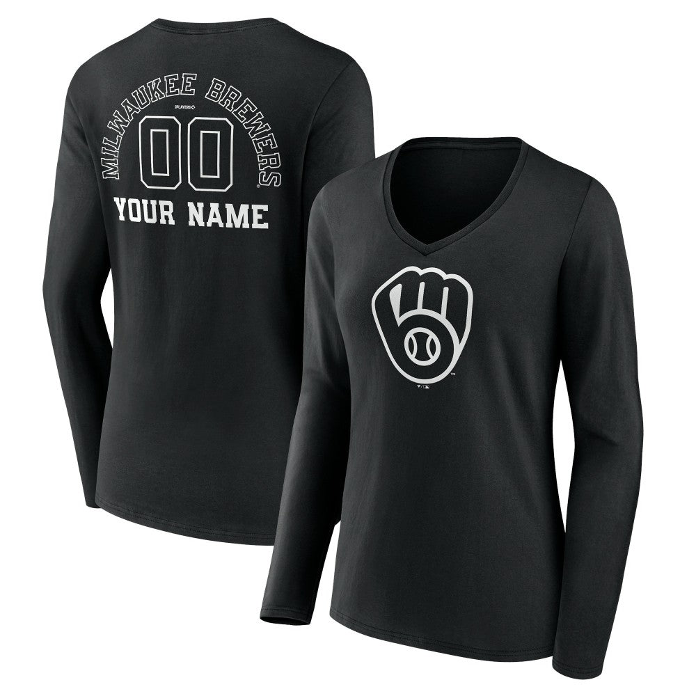 Milwaukee Brewers Women's Monochrome Personalized Name & Number Long Sleeve V-Neck T-Shirt - MLB