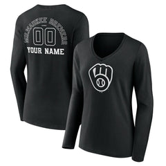 Milwaukee Brewers Women's Monochrome Personalized Name & Number Long Sleeve V-Neck T-Shirt - MLB