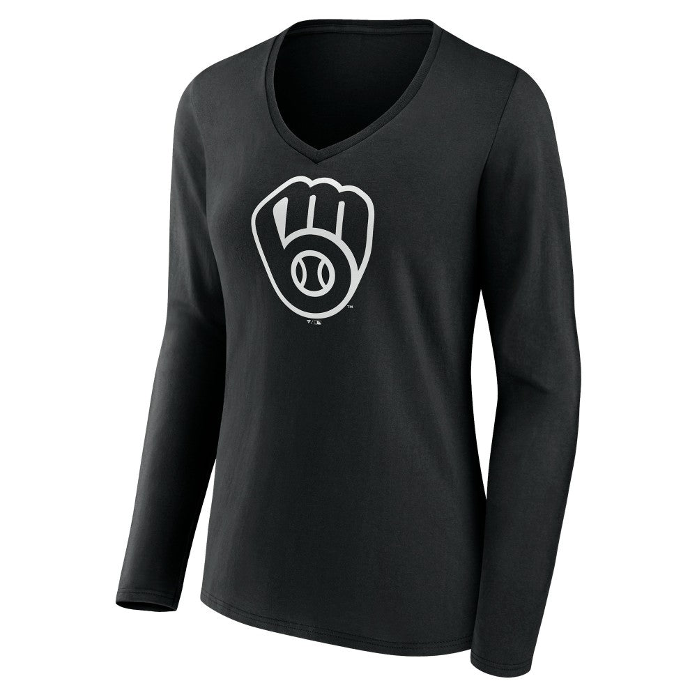 Milwaukee Brewers Women's Monochrome Personalized Name & Number Long Sleeve V-Neck T-Shirt - MLB