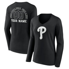 Philadelphia Phillies Women's Monochrome Personalized Name & Number Long Sleeve V-Neck T-Shirt - MLB