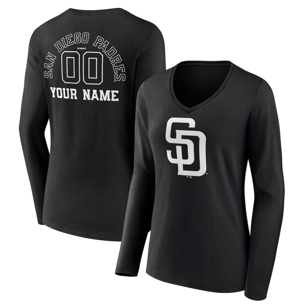 San Diego Padres Women's Monochrome Personalized Name & Number Long Sleeve V-Neck T-Shirt - MLB