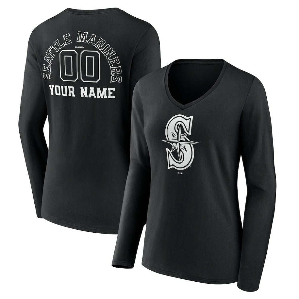 Seattle Mariners Women's Monochrome Personalized Name & Number Long Sleeve V-Neck T-Shirt - MLB