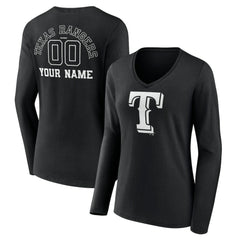 Texas Rangers Women's Monochrome Personalized Name & Number Long Sleeve V-Neck T-Shirt - MLB