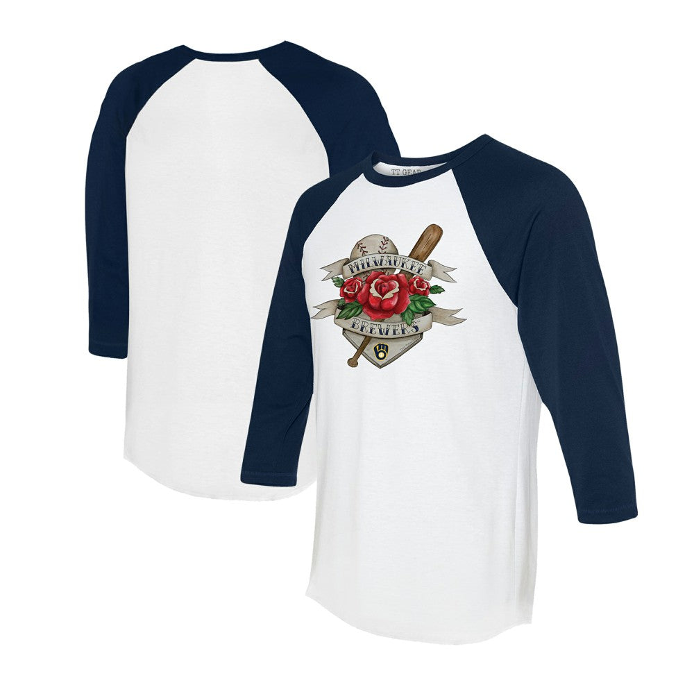 Milwaukee Brewers Tiny Turnip Unisex Tattoo Rose 3/4-Sleeve Raglan T-Shirt - MLB