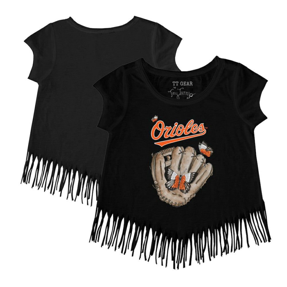 Baltimore Orioles Tiny Turnip Girls Youth Butterfly Glove Fringe T-Shirt - MLB