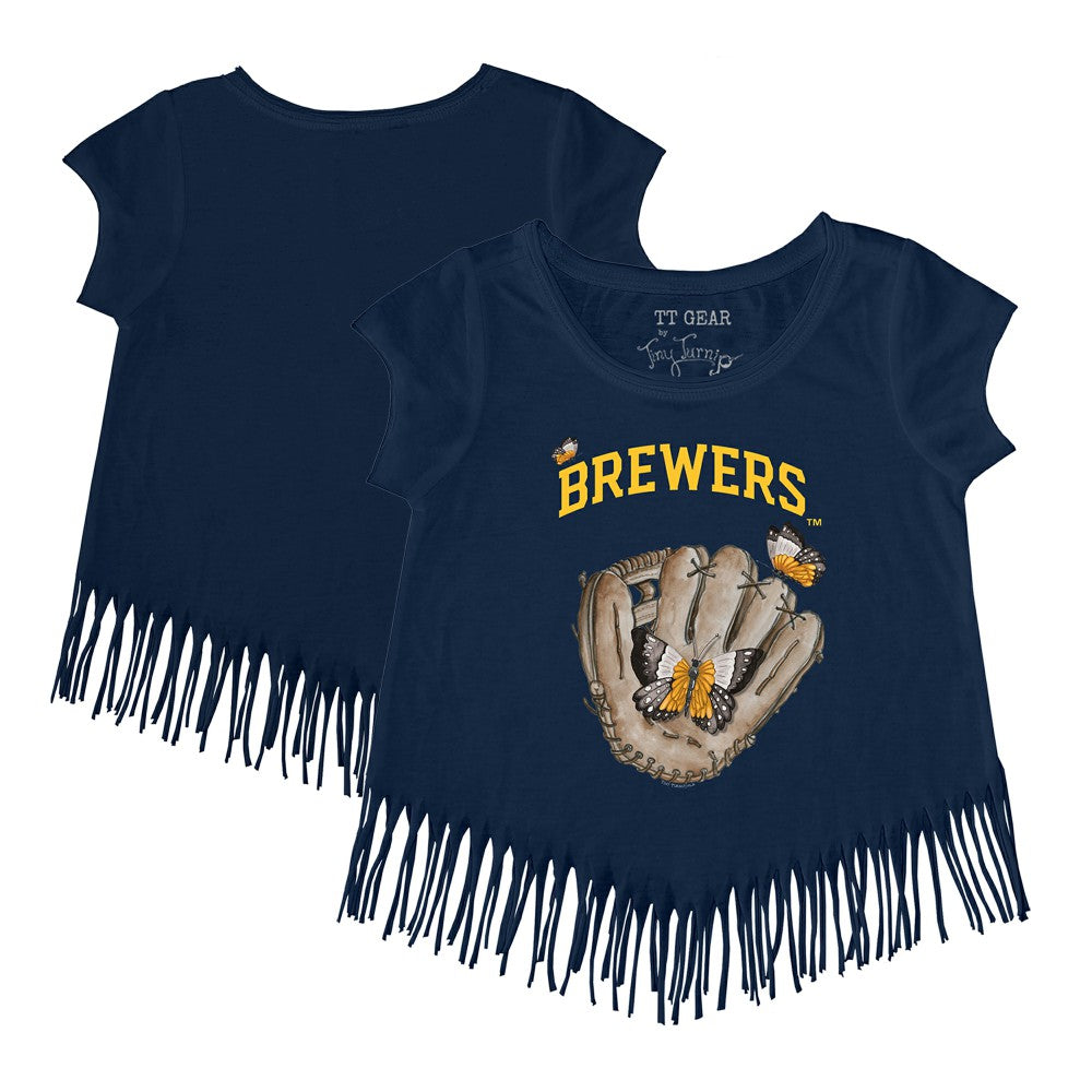 Milwaukee Brewers Tiny Turnip Girls Youth Butterfly Glove Fringe T-Shirt - MLB