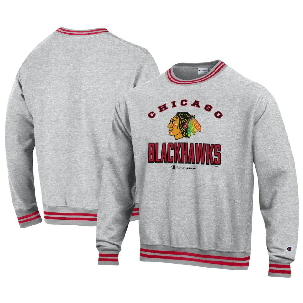 Chicago Blackhawks Champion Reverse Weave Yarn Dye Pullover Sweatshirt - Heather Gray - NHL
