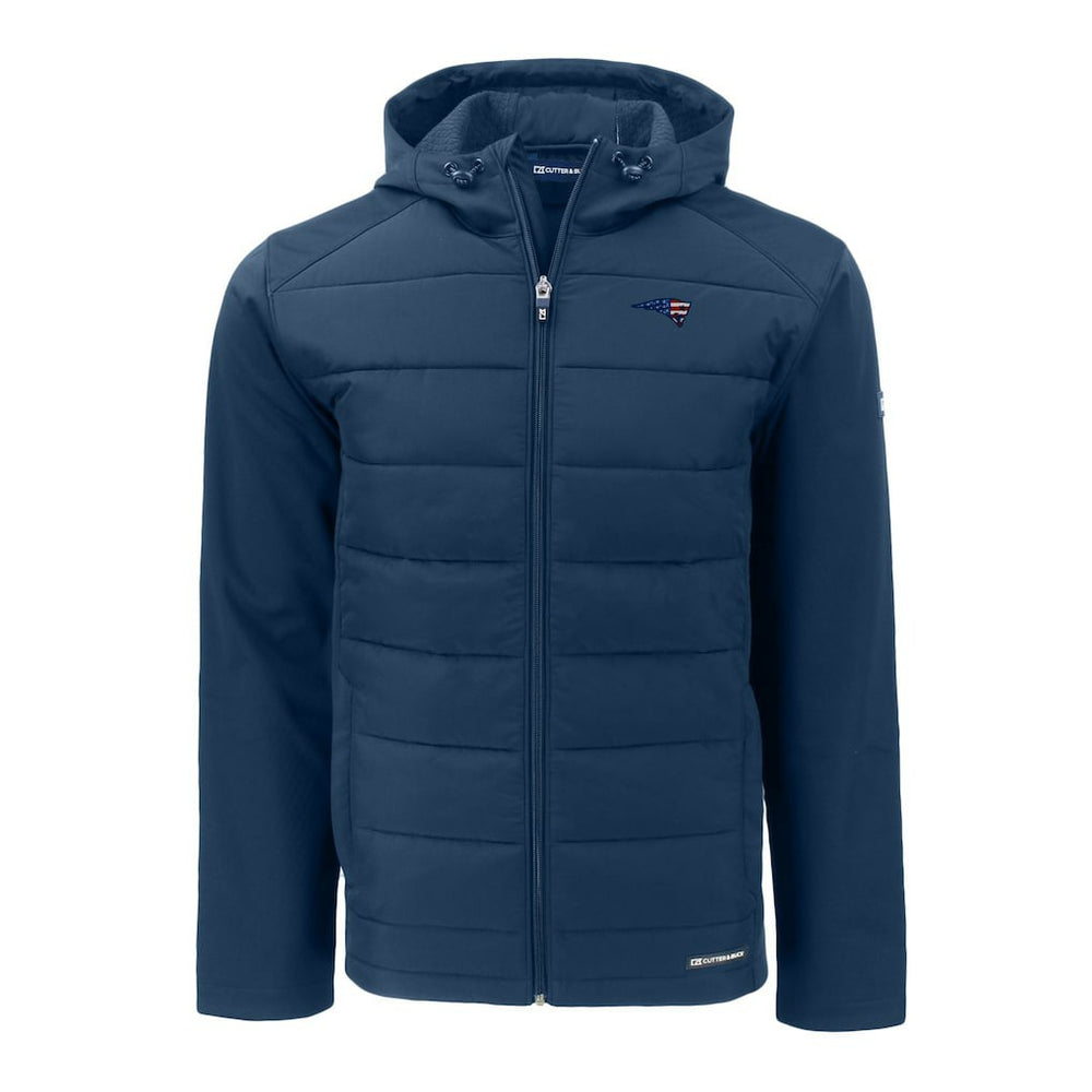 New England Patriots Cutter & Buck Americana Evoke Hybrid Eco Softshell Recycled Full-Zip Hooded Jacket Navy | NFL