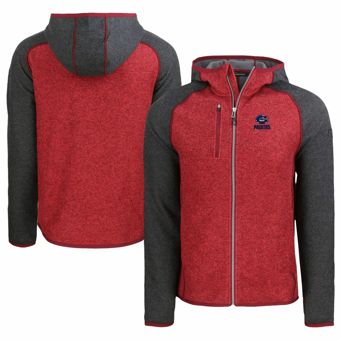 Green Bay Packers Cutter & Buck Americana Mainsail Full-Zip Hooded Jacket Heather Red/Heather Charcoal | NFL