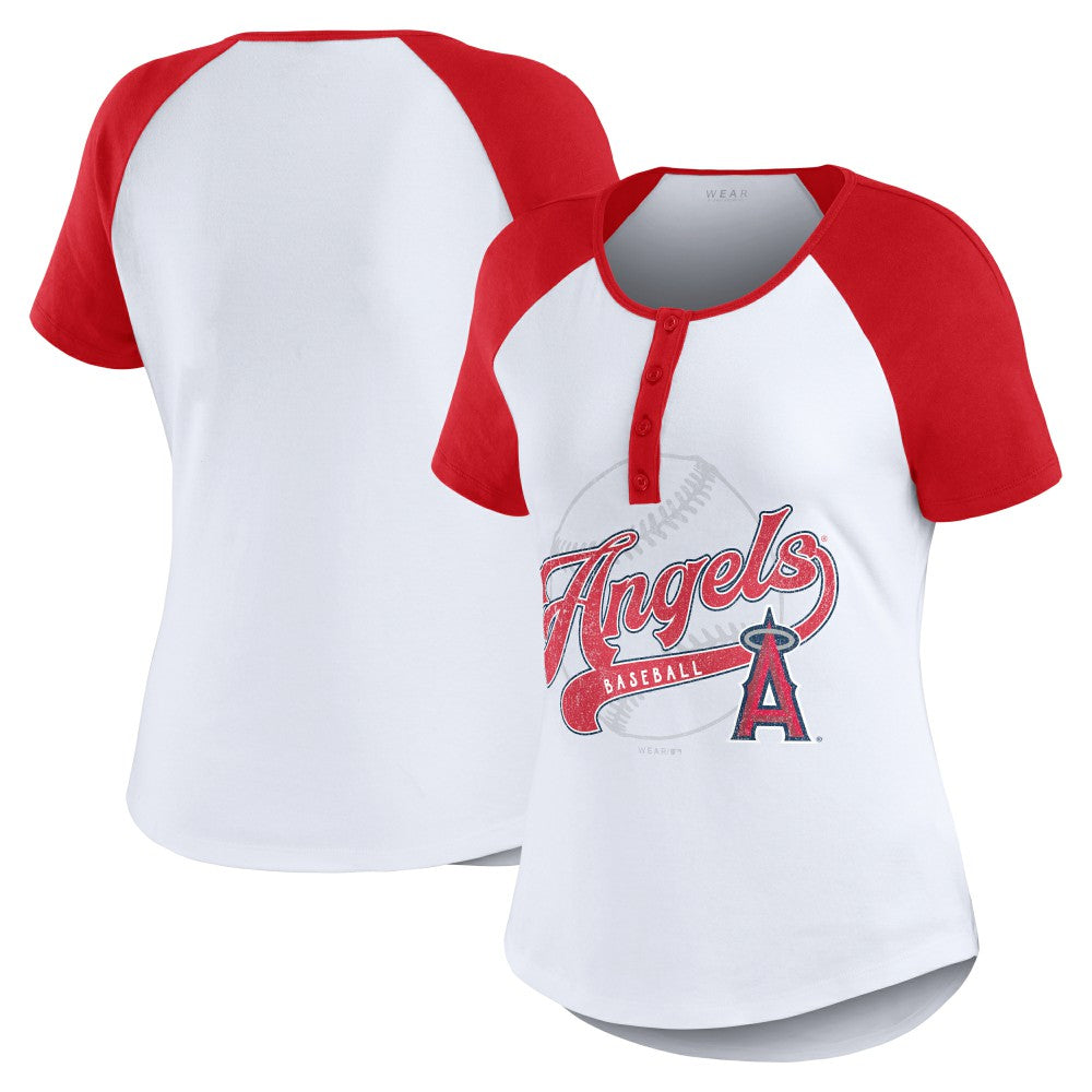 Los Angeles Angels WEAR by Erin Andrews Women's Fitted Henley Raglan T-Shirt - MLB