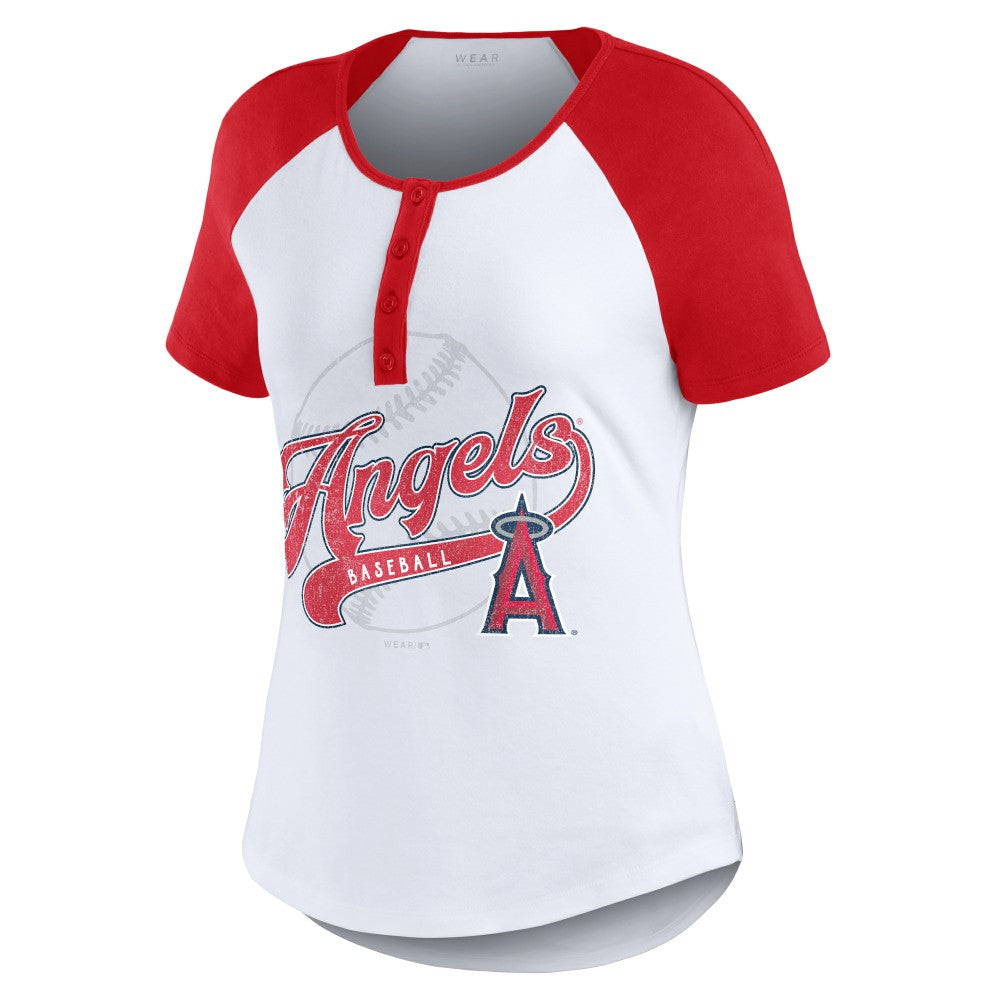 Los Angeles Angels WEAR by Erin Andrews Women's Fitted Henley Raglan T-Shirt - MLB