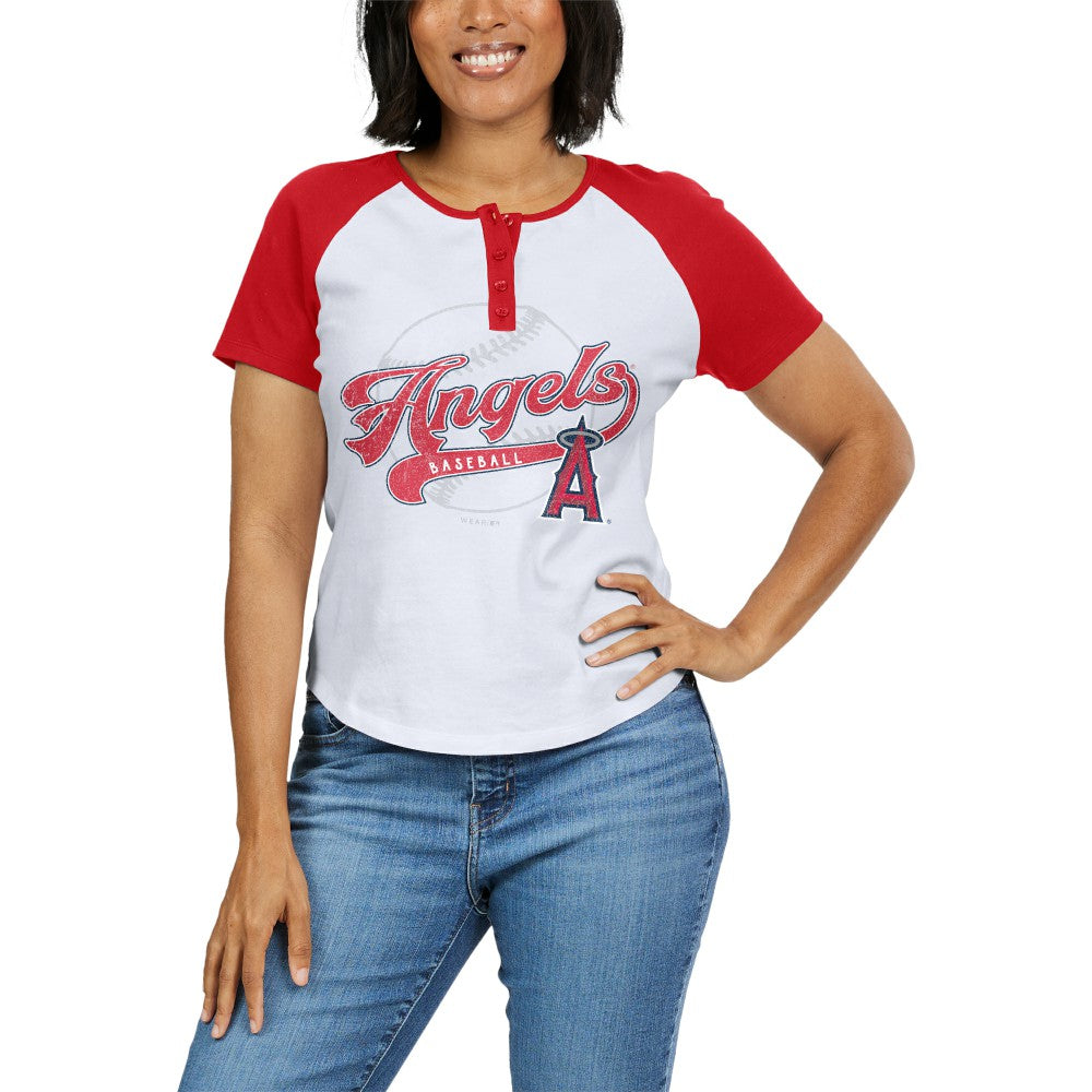 Los Angeles Angels WEAR by Erin Andrews Women's Fitted Henley Raglan T-Shirt - MLB