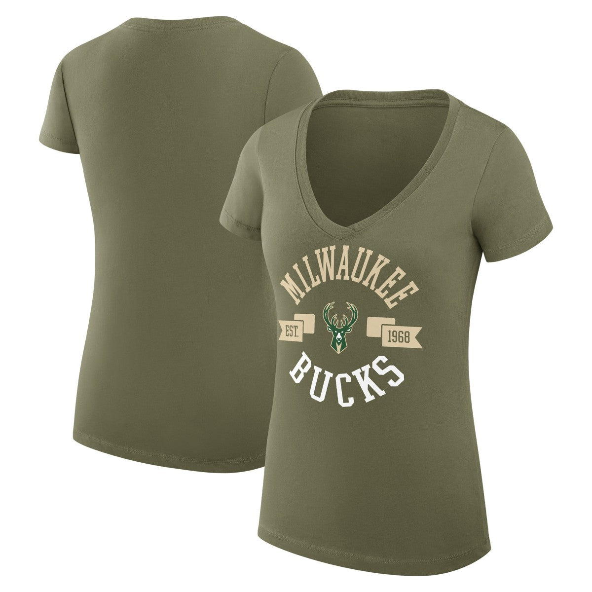 Milwaukee Bucks G-III 4Her by Carl Banks Women's Super-Slim Fit Lightweight Large City Logo V-Neck T-Shirt Olive - NBA