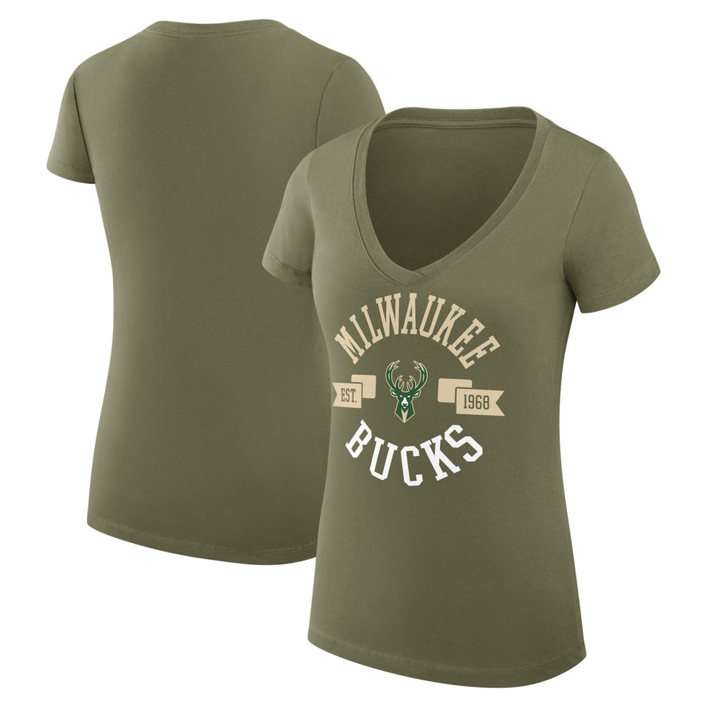Milwaukee Bucks G-III 4Her by Carl Banks Women's Super-Slim Fit Lightweight Large City Logo V-Neck T-Shirt Olive - NBA
