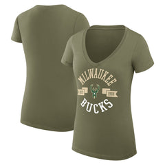 Milwaukee Bucks G-III 4Her by Carl Banks Women's Super-Slim Fit Lightweight Large City Logo V-Neck T-Shirt Olive - NBA