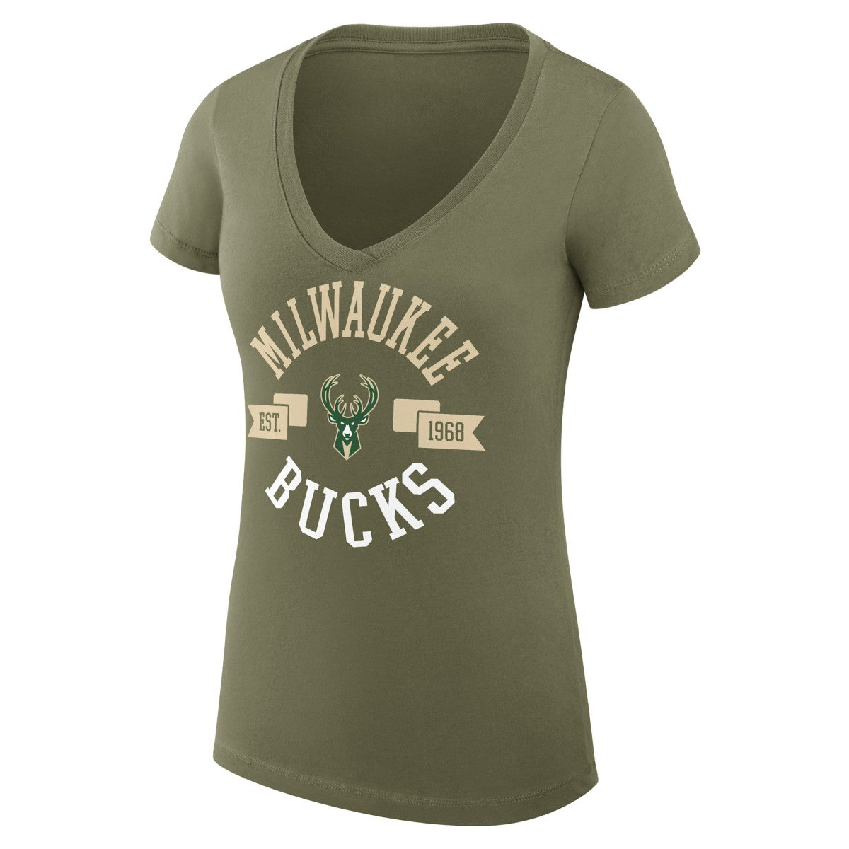 Milwaukee Bucks G-III 4Her by Carl Banks Women's Super-Slim Fit Lightweight Large City Logo V-Neck T-Shirt Olive - NBA