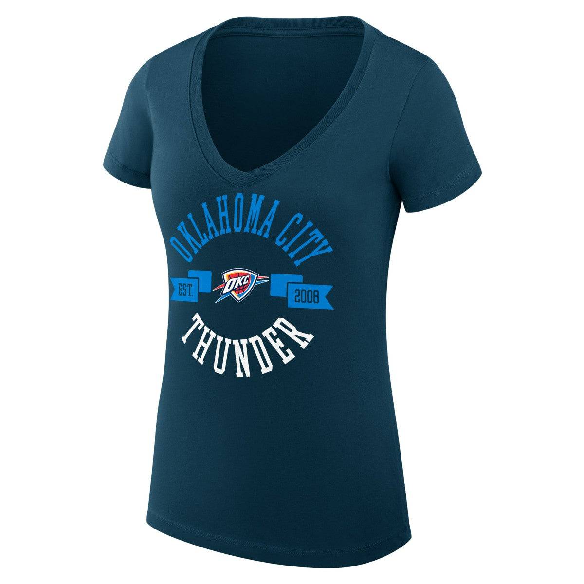 Oklahoma City Thunder G-III 4Her by Carl Banks Women's Super-Slim Fit Lightweight Large City Logo V-Neck T-Shirt Navy - NBA