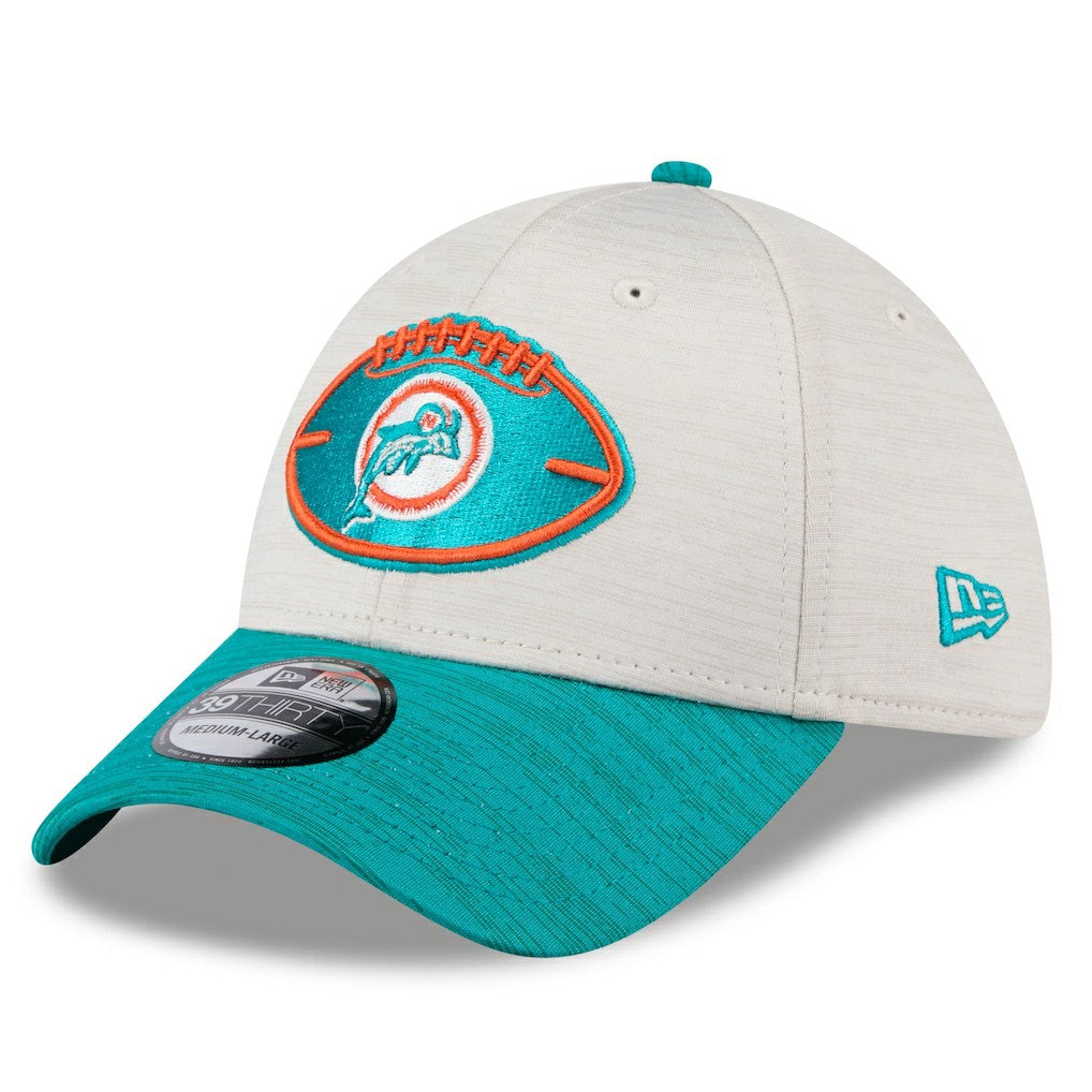 Miami Dolphins New Era 2024 Sideline Historic 39THIRTY Flex Hat Stone/Aqua | NFL